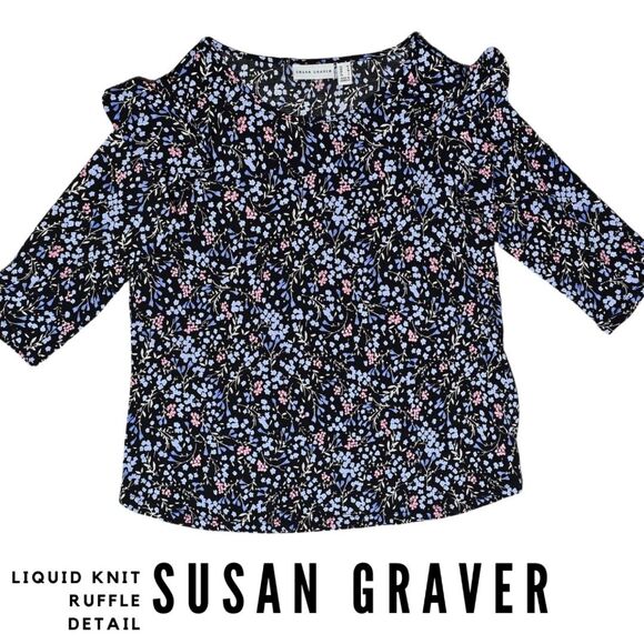 Susan Graver Tops - Susan Graver Comfort Stretch Knit Ruffle Sz M Floral Print Pullover Top Blouse